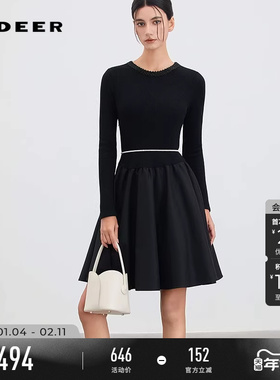 sdeer圣迪奥女装25年新品优雅圆领针织拼接网纱连衣裙S254Z1210