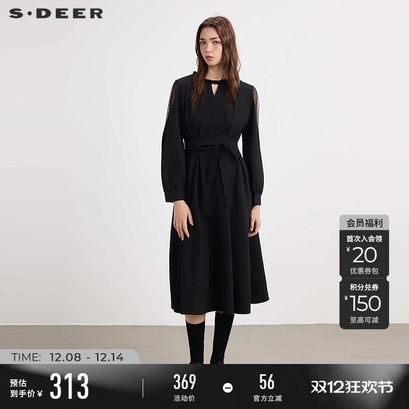 sdeer收腰网纱拼接长袖连衣裙