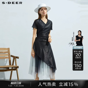 sdeer圣迪奥女装V领收腰网纱撞色短袖连衣裙S23281228