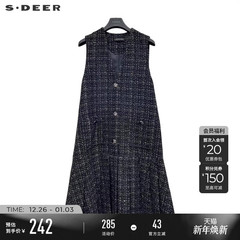 sdeer圣迪奥冬季女装小香风V领格纹宽松无袖连衣裙S234Z1273