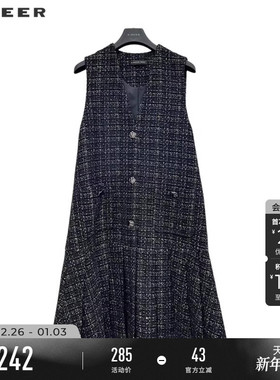 sdeer圣迪奥冬季女装小香风V领格纹宽松无袖连衣裙S234Z1273