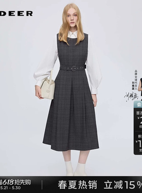 sdeer圣迪奥女装春秋装翻领格纹收腰衬衫连衣裙套装S253Z1413