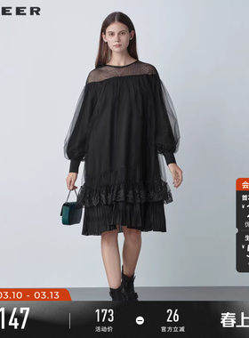 sdeer圣迪奥春装优雅圆领网纱蕾丝灯笼袖连衣裙女S221Z1281
