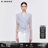 女S223Z0604 衬衫 sdeer圣迪奥春秋装 V领系带不规则拼接无袖