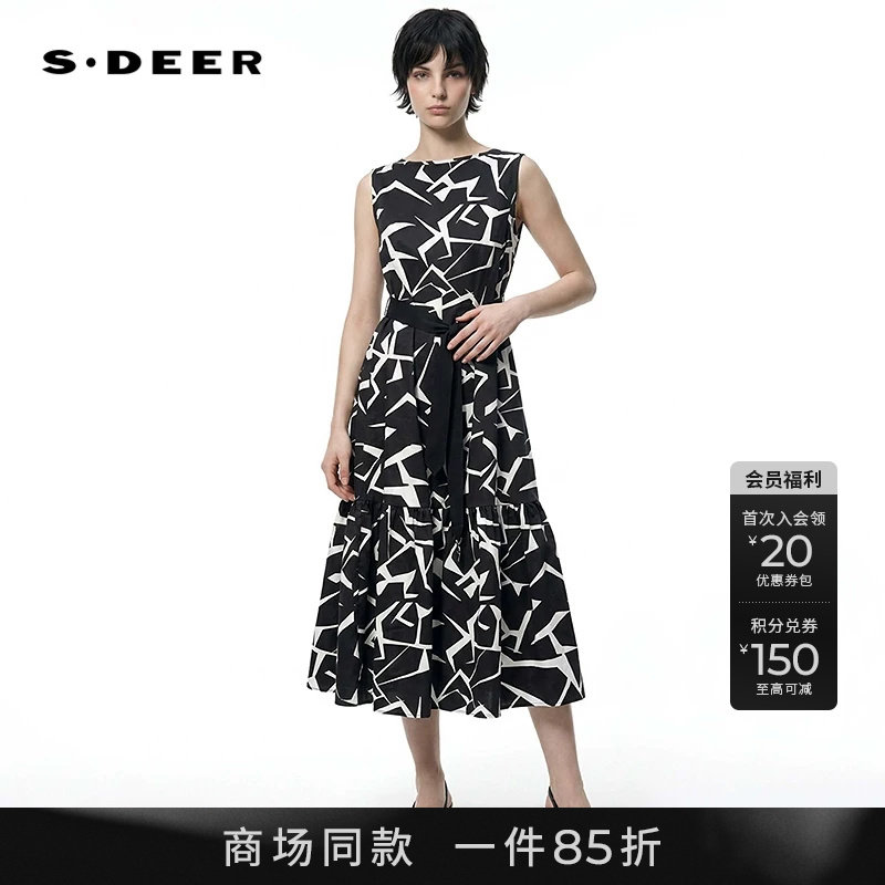 【商场同款】sdeer圣迪奥女圆领抽象印花收腰无袖连衣裙S26281222