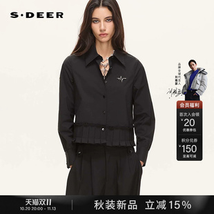 sdeer圣迪奥女装26年秋季新品通勤翻领胸针压褶拼接长袖黑色衬衫