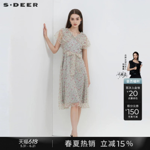 sdeer圣迪奥碎花裙女夏季V领初恋感甜美茶歇连衣裙S223Z122A