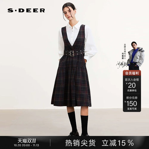 sdeerV领撞色收腰背带连衣裙