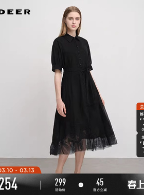 sdeer圣迪奥夏季女装翻领绣花网纱收腰衬衫连衣裙S242Z1206