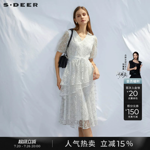 sdeer圣迪奥夏季女装V领绣花收腰网纱泡泡袖连衣裙S232Z12H8