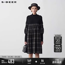 连衣裙S23481206 罗纹高领格纹碎褶长袖 sdeer圣迪奥冬季 女装