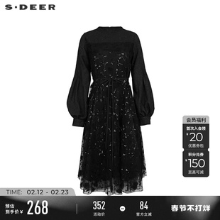 sdeer圣迪奥冬装女装圆领网纱压褶灯笼袖连衣裙S234Z12E8
