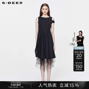 sdeer圣迪奥女装夏季不规则网纱拼接通勤黑色气质连衣裙S20281207