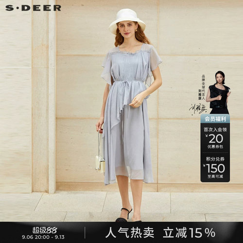 s.deer圆领风琴褶收腰短袖连衣裙