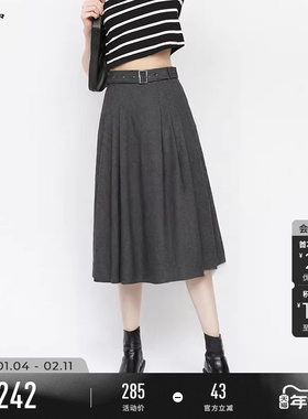 sdeer圣迪奥秋冬季女装复古高腰系带百褶毛呢A字伞裙S234Z1104