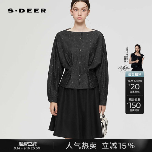 sdeerOL风圆领波点压褶长袖衬衫