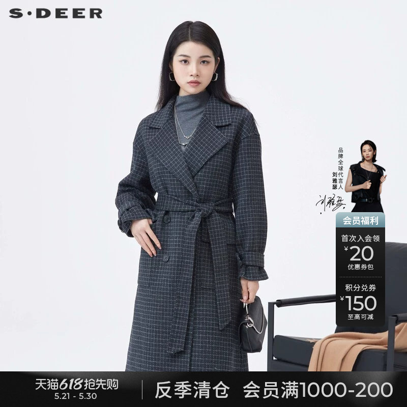 sdeer圣迪奥冬季女装复古西装领格纹收腰毛呢大衣S234825