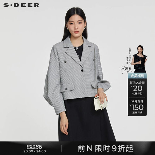s.deerOL风西装领千鸟格短款外套