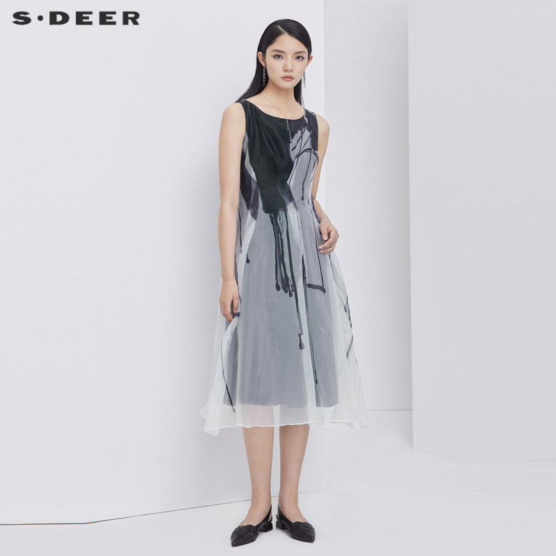 sdeer圣迪奥女装夏季蓝色渐变水墨印花欧根纱小众连衣裙s20281255