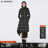 毛呢大衣S21461821 立领撞色格纹收腰长款 sdeer圣迪奥冬季 时尚