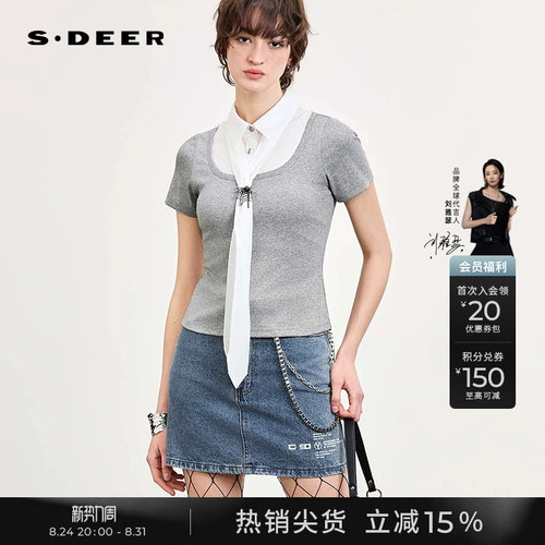 sdeer飘带胸针假两件短袖T恤