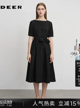 sdeer圣迪奥夏季女装圆领风琴褶收腰泡泡袖连衣裙S232Z12FN