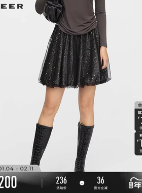 sdeer圣迪奥女装25年秋松紧高腰亮片网纱A字短裙S253Z1301