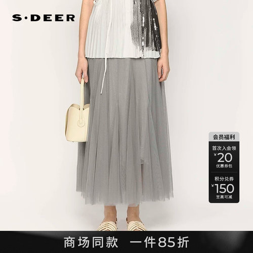 s.deer松紧碎褶网纱A字长裙