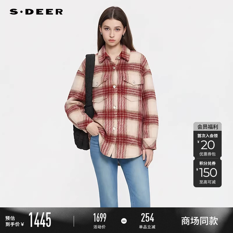 【商场同款】sdeer圣迪奥女翻领格纹短款衬衫式毛呢大衣S25482613,女装/女士精品,毛呢外套,淘宝优惠券,粉丝福利购,淘宝优惠卷