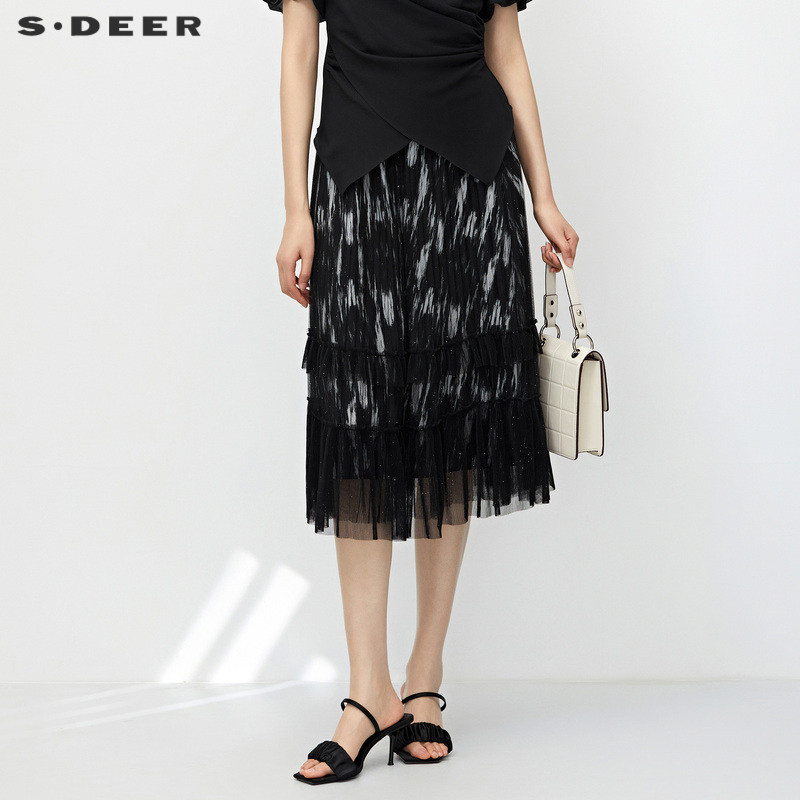 sdeer圣迪奥女装松紧水墨晕染网纱a字伞裙s23281105