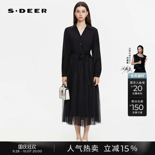sdeer收腰花边网纱衬衫连衣裙