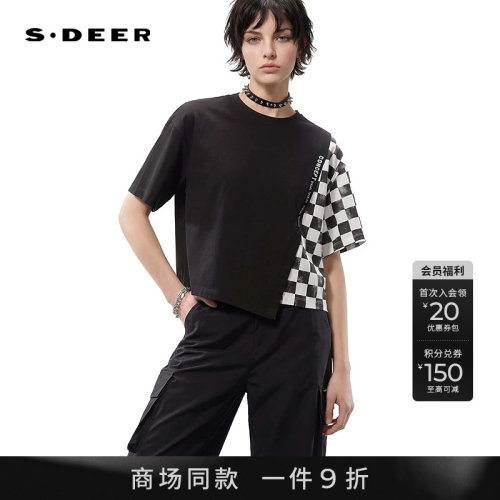 sdeer潮酷圆领棋盘格字母短袖T恤