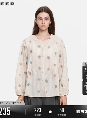 sdeer圣迪奥女装春秋装田园风V领绣花压褶宽松上衣S253Z3203