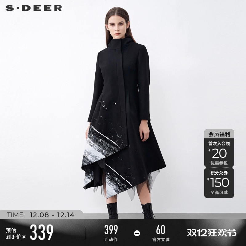 sdeer高领印花不规则毛呢大衣