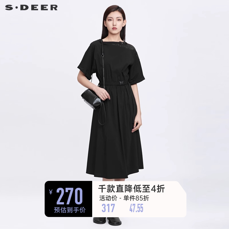 sdeer圣迪奥女装夏装裙子休闲网纱收腰露肩黑色连衣裙S22281225