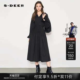 sdeer圣迪奥2026秋装新款优雅V领压褶收腰拼接长袖连衣裙
