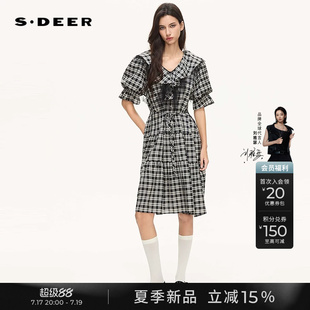 sdeer圣迪奥女装26年夏季新品V领荷叶边网纱格纹泡泡袖连衣裙