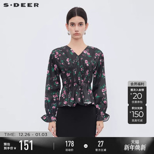 衬衫 V领风琴褶碎花收腰长袖 S233Z0575 女装 sdeer圣迪奥秋装