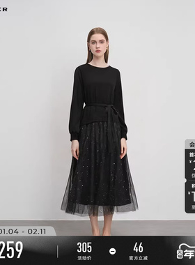 sdeer圣迪奥春装女装圆领收腰拼接网纱优雅连衣裙S241Z1205