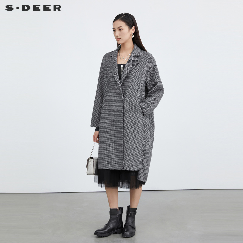 sdeer西领格纹茧型长款毛呢大衣
