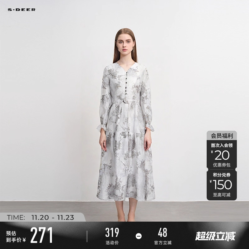 sdeer法式复古V领收腰印花连衣裙
