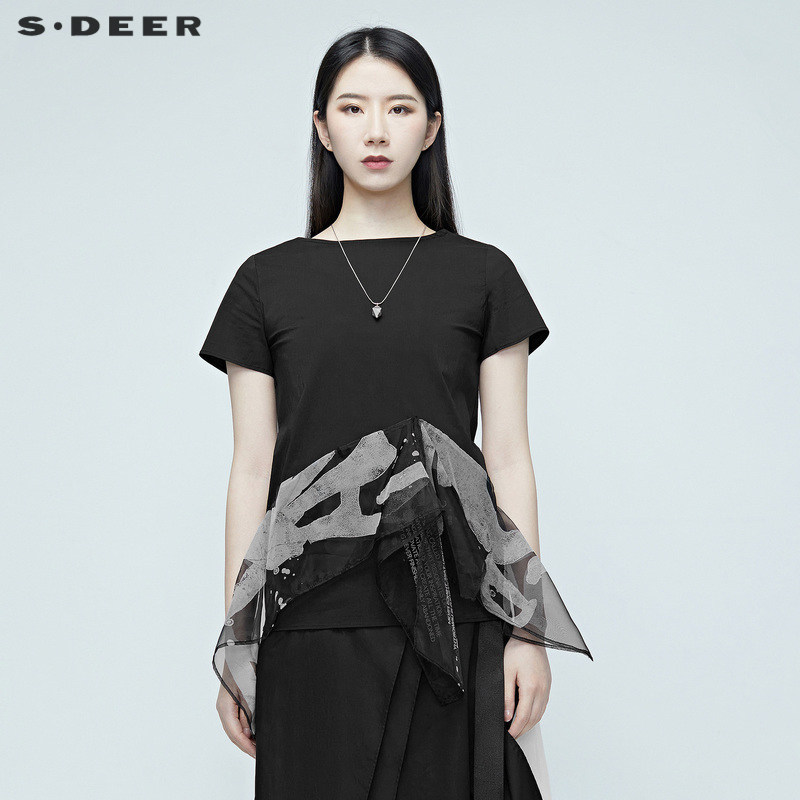 sdeer圣迪奥夏季女装抽象印花上衣网纱拼接黑色短袖衬衫s20280429