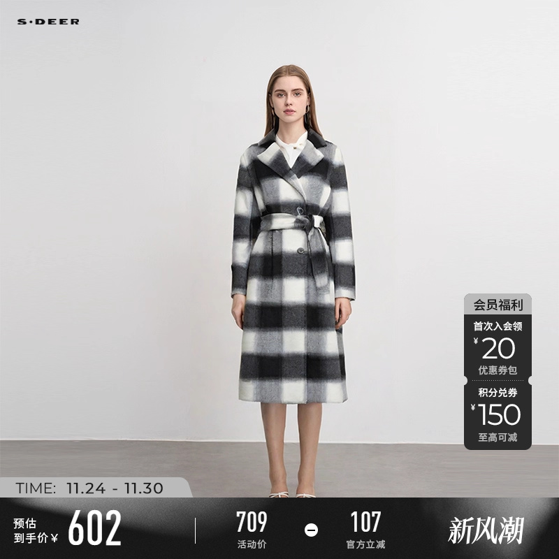 s.deer西装领格纹收腰双面呢大衣