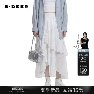 sdeer圣迪奥女装26年夏装新品度假风提花荷叶边不规则长裙半身裙