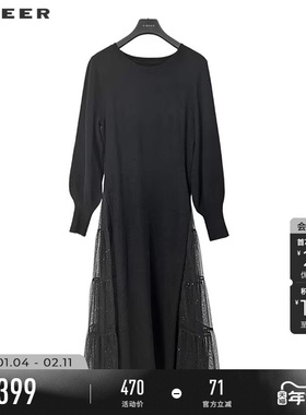 sdeer圣迪奥女装时尚圆领网纱拼接长袖连衣裙S244Z1254