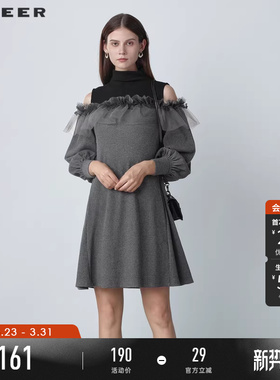 sdeer圣迪奥春装中高领抽褶网纱拼接宽松连衣裙女S221Z1260