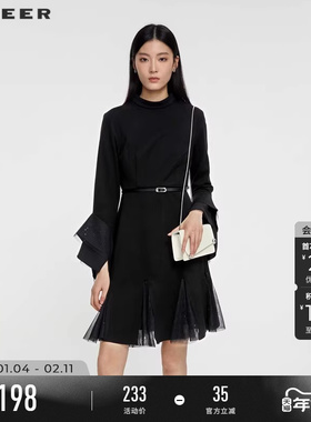 sdeer圣迪奥春装女装圆领收腰网纱喇叭袖连衣裙S231Z1214