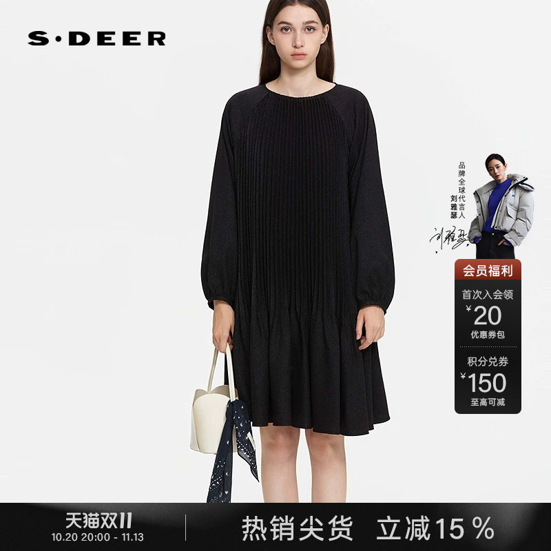 sdeer圣迪奥女装秋装时尚圆领风琴褶插肩袖黑色连衣裙S253Z1253