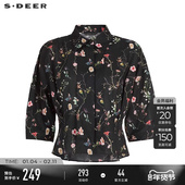 sdeer圣迪奥女装 S252Z0412 衬衫 夏装 田园风翻领印花压褶中袖