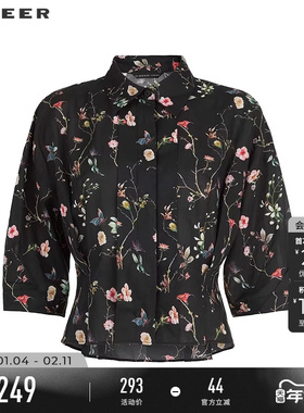 sdeer圣迪奥女装25年新品田园风翻领印花压褶中袖衬衫S252Z0412